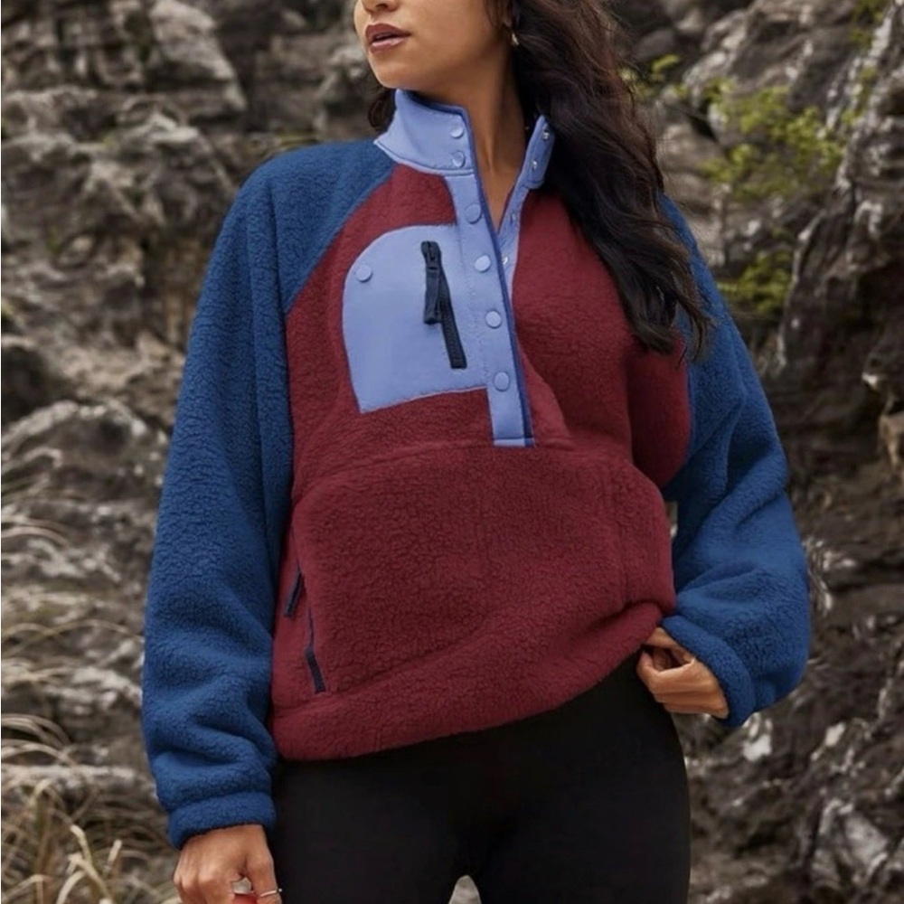 Free People New Hit The Slopes Colorblock Fleece Jacket in Mahogany Combo